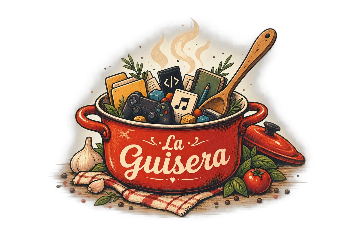 Vintage-style illustration of a red enamel stew pot labeled 'La Guisera', overflowing with steam and a mix of software ingredients: a game controller, a musical note, files and folders, a code symbol, a notebook, small colorful blocks, and a wooden spoon.